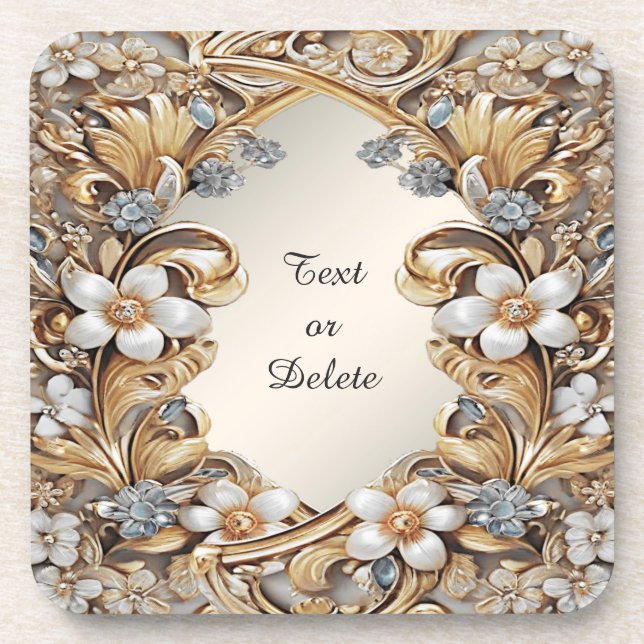 Decorative Gold White Floral Hard plastic coaster (Front)
