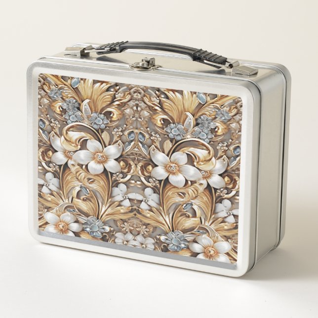 Decorative Gold White Floral Metal Lunchbox (Front)