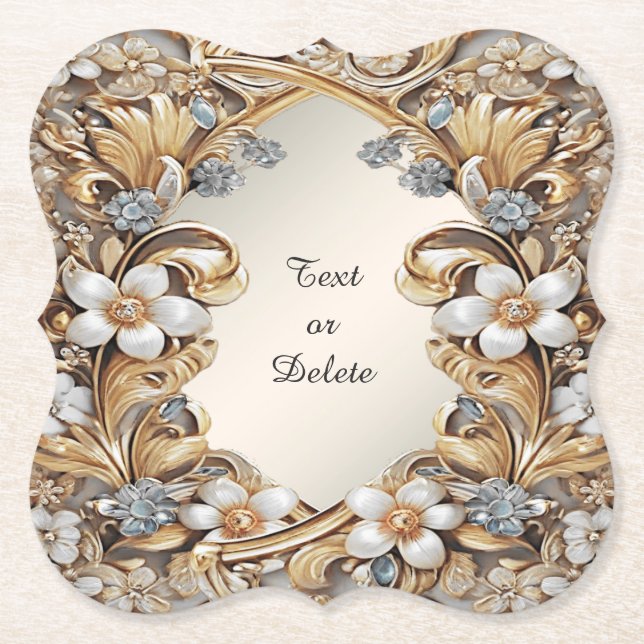 Decorative Gold White Floral Paper Coaster (Front)