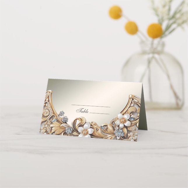 Decorative Gold White Floral Place Card (Front)