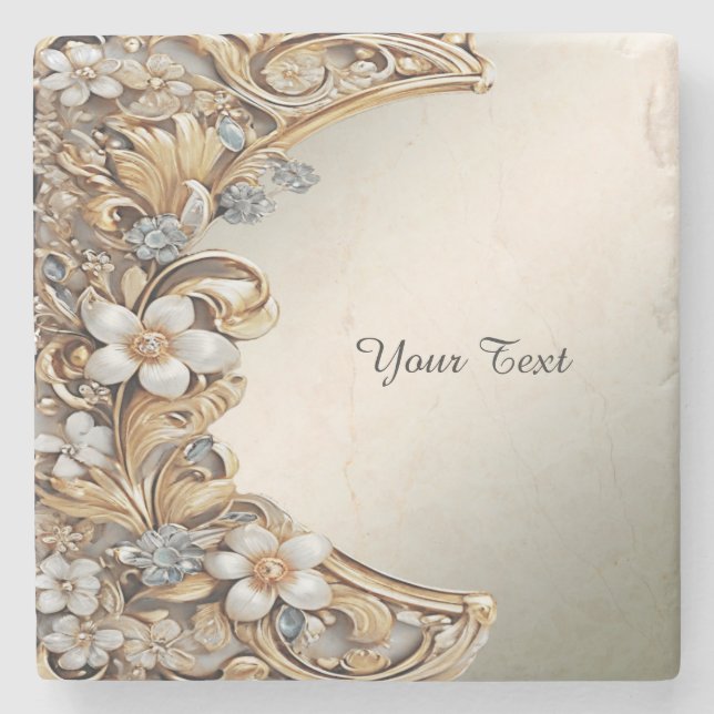 Decorative Gold White Floral Stone Coaster (Front)