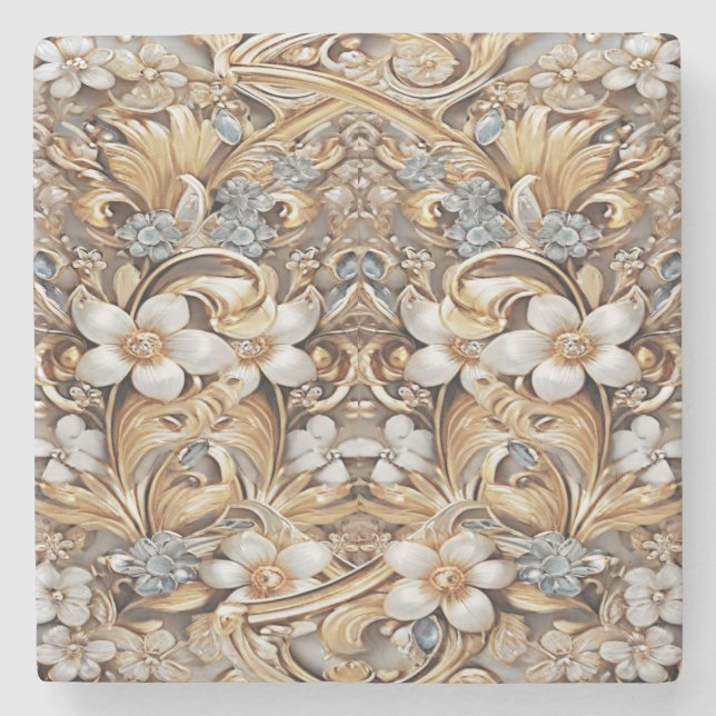 Decorative Gold White Floral Stone Coaster (Front)