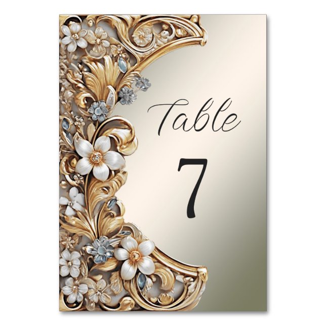 Decorative Gold White Floral Table Number (Front)