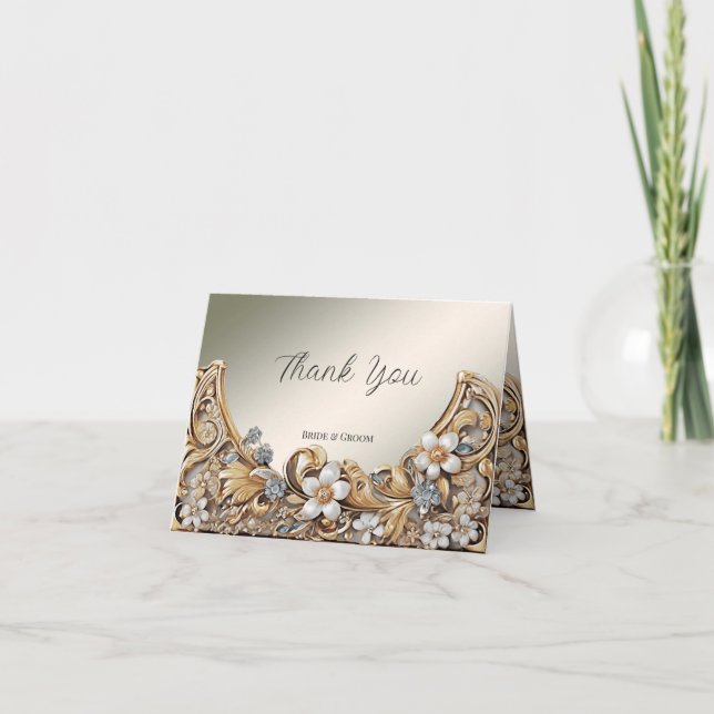 Decorative Gold White Floral Thank You Card (Front)