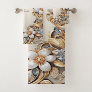 Decorative Gold White Floral Towel Set