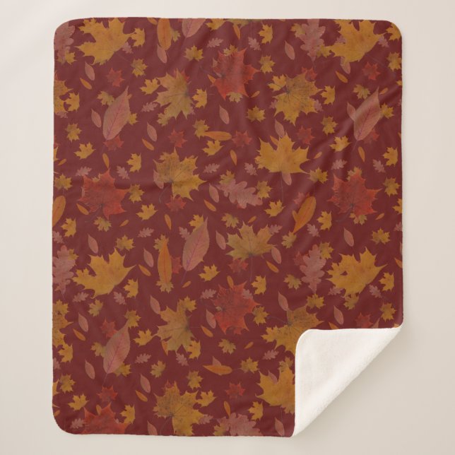 Decorative Golden Autumn Leaves on Custom Dark Red Sherpa Blanket (Front)