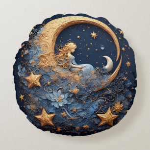 Decorative Golden Crescent Moon Round Cushion