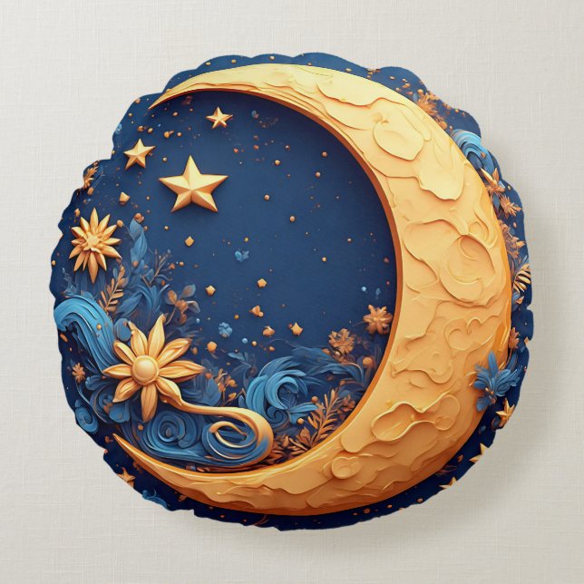Decorative Golden Crescent Moon Round Cushion (Front)