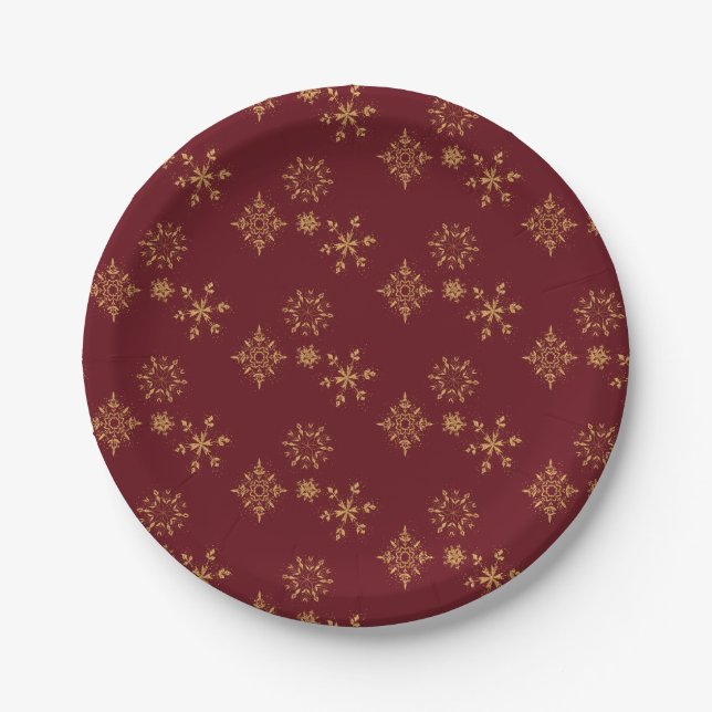 Decorative Golden Snowflakes Christmas Pattern Paper Plate (Front)