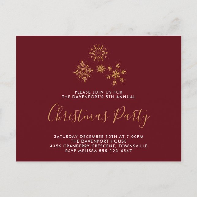 Decorative Golden Snowflakes Holiday Party Invite Postcard (Front)