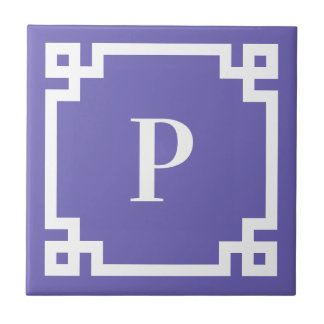 Decorative Greek Key Border Monogram Periwinkle Tile