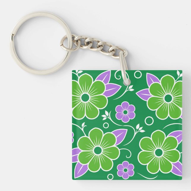 Decorative Green and Purple Floral Pattern Key Ring (Front)
