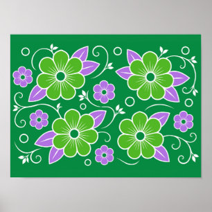 Decorative Green and Purple Floral Pattern Poster