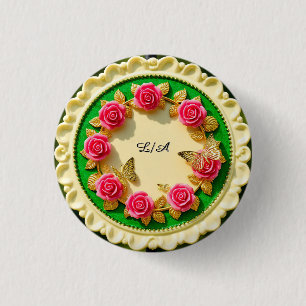 Decorative Green Rim Plate With Pink Rose 3 Cm Round Badge