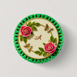 Decorative Green Rim Plate With Pink Rose 3 Cm Round Badge