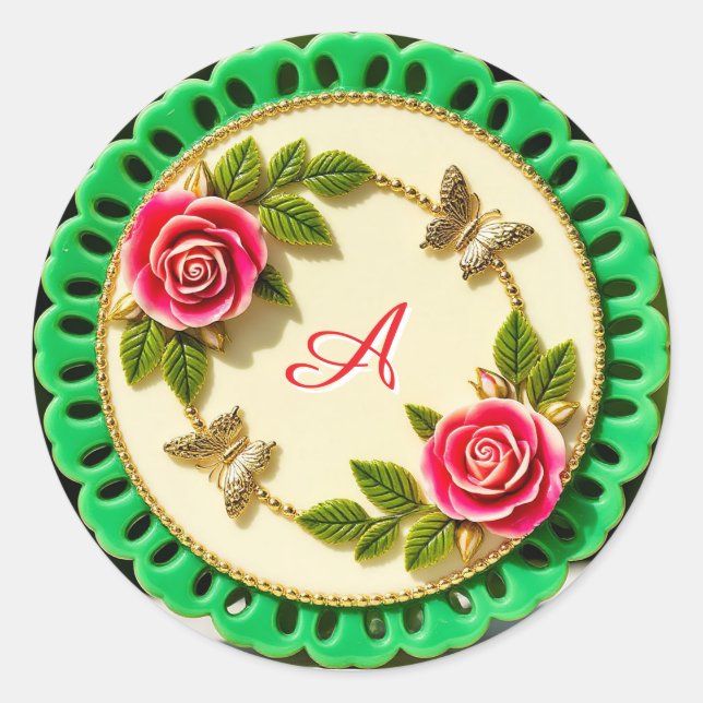 Decorative Green Rim Plate With Pink Rose Classic Round Sticker (Front)