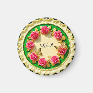 Decorative Green Rim Plate With Pink Rose Magnet