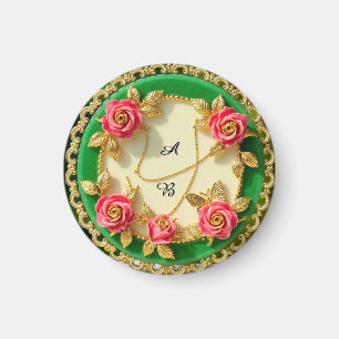 Decorative Green Rim Plate With Pink Rose Magnet