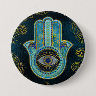 Decorative Hamsa Hand with paisley background 7.5 Cm Round Badge