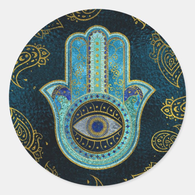 Decorative Hamsa Hand with paisley background Classic Round Sticker (Front)