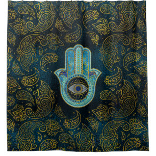 Decorative Hamsa Hand with paisley background Shower Curtain