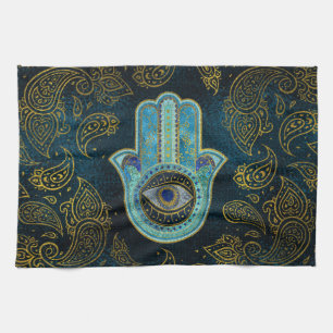 Decorative Hamsa Hand with paisley background Tea Towel