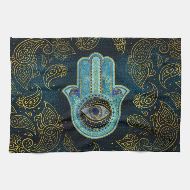 Decorative Hamsa Hand with paisley background Tea Towel (Horizontal)