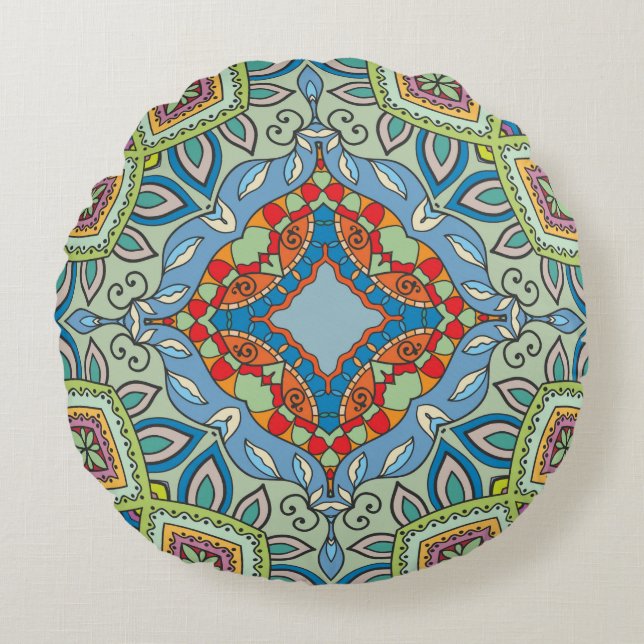 Decorative hand drawn seamless pattern. Colourful  Round Cushion (Front)