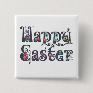 Decorative Happy Easter Typography Pin Button