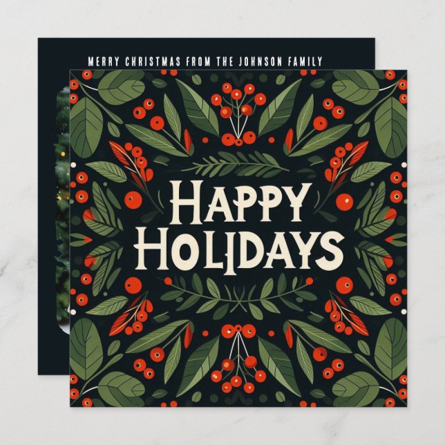 Decorative Happy Holidays holly berries Holiday Card (Front/Back)