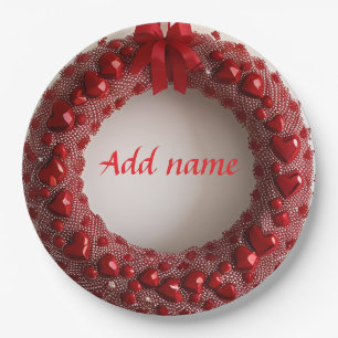 Decorative Heart Wreath with Bright Red Hearts Paper Plate