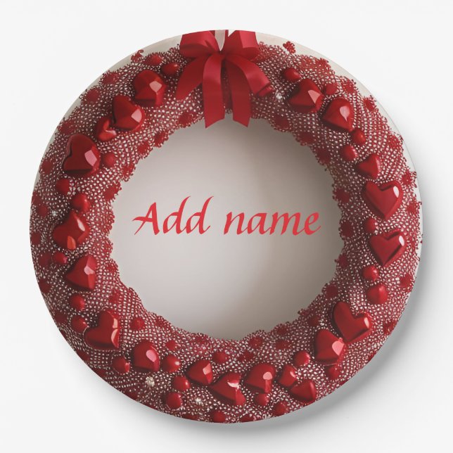 Decorative Heart Wreath with Bright Red Hearts  Paper Plate (Front)