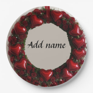 Decorative Heart Wreath with Bright Red Hearts Paper Plate
