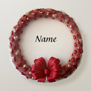 Decorative Heart Wreath with Bright Red Hearts  Round Cushion