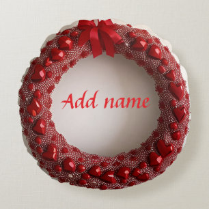 Decorative Heart Wreath with Bright Red Hearts Round Cushion