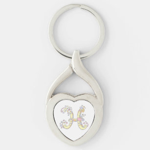 Decorative hearts flowers initial letter H keyring