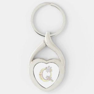 Decorative hearts flowers initial letter Q keyring
