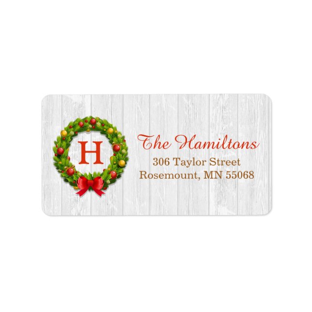 Decorative Holly Christmas Wreath Monogram Holiday Label (Front)