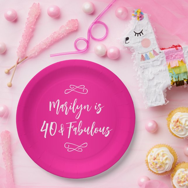 Decorative Hot Pink and White Script 40 & Fabulous Paper Plate (Party)