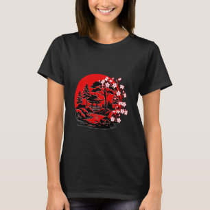 Decorative Japanese Cherry Blossom Pink red Black T-Shirt