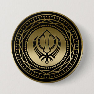 Decorative Khanda symbol gold on black 7.5 Cm Round Badge