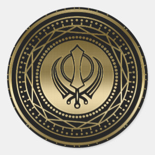 Decorative Khanda symbol gold on black Classic Round Sticker