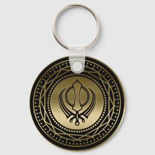 Decorative Khanda symbol gold on black Key Ring