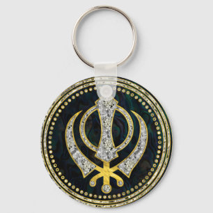 Decorative Khanda symbol with gemstones & gold Key Ring