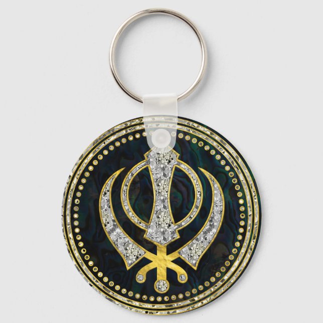 Decorative Khanda symbol with gemstones & gold Key Ring (Front)