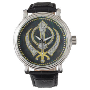 Decorative Khanda symbol with gemstones & gold Watch