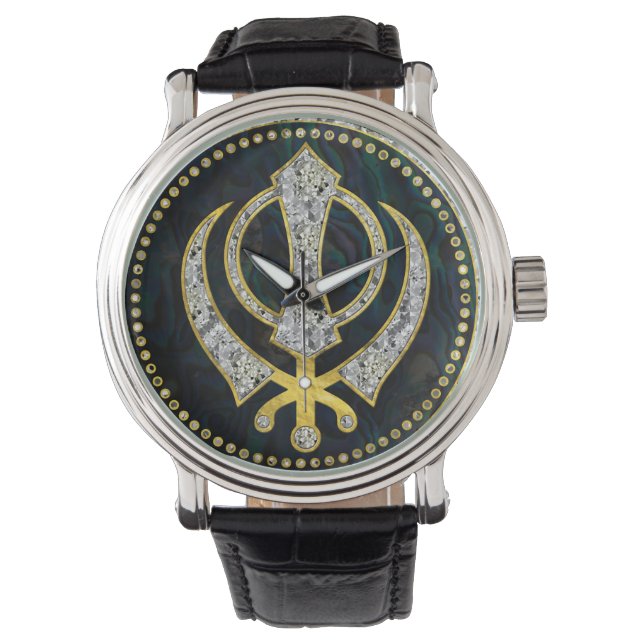 Decorative Khanda symbol with gemstones & gold Watch (Front)