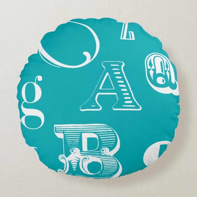 Decorative Letters on Blue Background Round Cushion (Front)