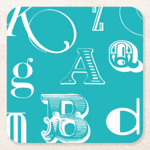 Decorative Letters on Blue Background Square Paper Coaster