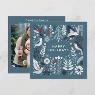 Decorative Light Blue Christmas deer and robins Holiday Card